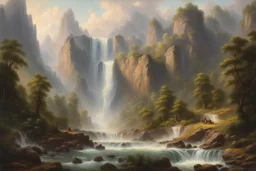 A scene of a majestic mountain range, with a cascading waterfall and lush greenery, in the style of Albert Bierstadt and Thomas Moran, with a sense of grandeur and awe-inspiring beauty.