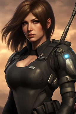 12k wallpaper of Arina- 34 years old woman, mercenery, fierce and stunning, Bobcut brown hair, athletic, wearing black combat clothes in sci-fi world - HDR quality - trending in artstation, ultra realistic, highly detailed neck, highly detailed face