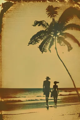 a vintage_postcard-style_image_of_a silhouette of a couple on a beach in Hawaii