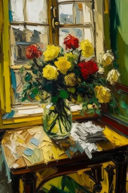 Style of Frank Auerbach Vase of spring flowers on a table in front of a sunlit window in the style of frank Auerbach