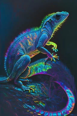 iridescent glowing chameleon in the darkness, points of light, shimmering, in oil paints, realistic ,vibrant, luminous, neon, psychedelic, intricate