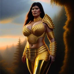 Ultra detailed fullbody Portrait in oil on canvas of beautiful busty female with Amazon gold armor, extremely detailed digital painting, extremely detailed face,crystal clear Big Glowing eyes, mystical colors ,perfectly centered image, perfect composition, rim light, beautiful lighting, 8k, stunning scene, raytracing, anatomically correct, in the style of robert e howard and Ken Kelley and Ohrai Noriyoshi and Simon Bisley and tomzj1