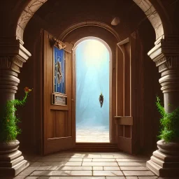 A magic door opening to a beautiful world , high quality, high details , hd, hyper realistic, magic style