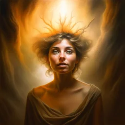 oil painting, portrait of brown hippie pixie hovering in the underground grove sparkling light dust, in the style of dali, 8k, down-light, soft light, depth of field, photo realism, trending on art station, high detail, smoke and fog