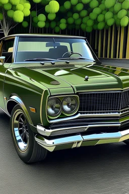 olive green vintage muscle car with chrome accents and tan vertically quilted seats
