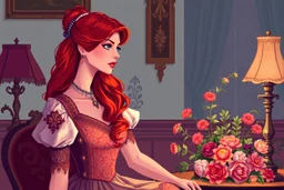 pixel art, A vintage-style illustration featuring a woman with red hair in an ornate dress, gazing thoughtfully near a lamp and floral arrangement, with soft, colorful lighting enhancing the ambiance.