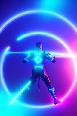 neon blue, floating triangle of light orbiting behind the back, cyber armor, geometric patterns on armor, male, orbiting triangle