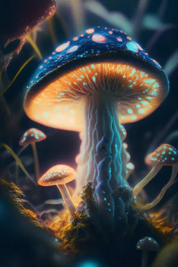 fungoid portrait in fungus garden, glowing pixies, hi detail, 4k, clear focus, depth of field, color correction, studio quality, backlight