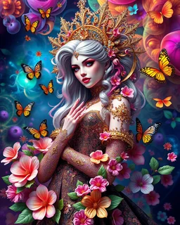 Masterpiece art amazing art picture in Luxurious 3d colorful fractals sharp colors,vibrant colors,neons colors standing pose sweet pose a vampire queen gothic hair silver, golden shiny adorned,in fractals 3d outside ,fractals colorfull, full of flowers,butterflies,leaves in 3d outside fractals background