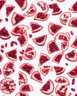 pomegranate slices are scattered on a white background