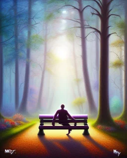 park mystical dream, park bench, man, woman, child, dog, trees, path, bird, sunshine, mystical, fantasy, romanticism, pastel colors, daylight, daytime, acrylic painting, detailed, soft focus,