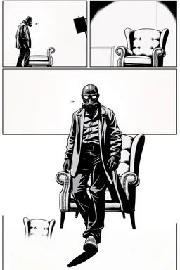 6 panel page with different images of a man in a gas mask walking around a wingback chair, intimidating, graphic novel