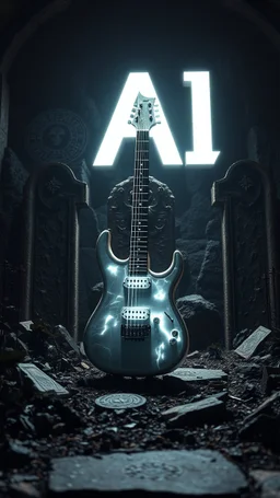 "ancient glowing metallic white electrical guitar on a ruined graveyard altar, surrounded by black flowers runes and chitin shards, a background with a 3d Text of “ AI “ word dramatic spotlight, 16:9, high detail, no humans."