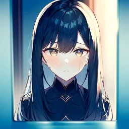 anime girl looking at her reflection in a mirror, seeing herself in the reflection, mirrow image, good and bad, very obvious image of herself.mirror, her reflection is crying and sad