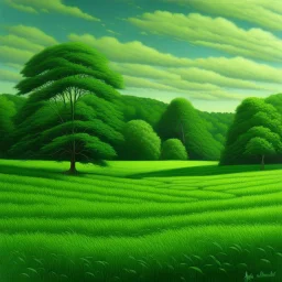 A green field with verdant trees painted by Frank Wilson