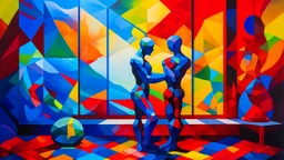 A colorful abstract interior scene with a large window overlooking a (misty outdoor landscape. In the foreground, there is a silhouetted sculpture of two embracing figures against a backdrop of vibrant geometric shapes and patterns in red, yellow, and blue)