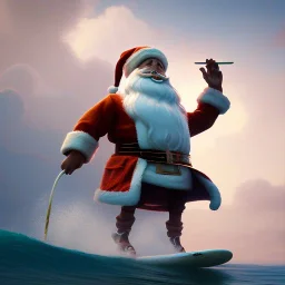 Santa standing of surfboard surfing a big wave, surfboard, beach, character design by cory loftis, fenghua zhong, ryohei hase, ismail inceoglu and ruan jia. unreal engine 5, artistic lighting, highly detailed, photorealistic, fantasy