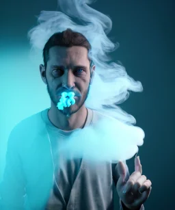 Realistic image, a guy doing a fuck you with his hand coming out of blue smoke from his eyes, nose and mouth. soft color, highly detailed, unreal engine 5, ray tracing, RTX, lumen lighting, ultra detail, volumetric lighting, 3d, finely drawn, high definition, high resolution.