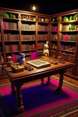 cozy small library, very fantasy style, with fantasy creatures, sharp focus, studio photo, intricate details, with board game table