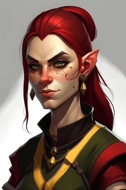 very smart half orc young woman, shes strong and not pretty, her hair is dark red and mid length, she wears an earring and black clothing