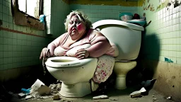 big lady sits on crumbling toilet