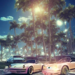 1980's aesthetic vaporwave palm trees and spheres and Porsche