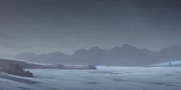  a bleak vast empty cold land by a cold seaside, a small cattle farm in the distance, mountains in the distance, misty, snowy, desolate, aurora borealis