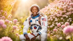 A gorgeous smiling ceylanese model with a dark skin and smooth hair in a cosmonaut outfit with luminous strikes in a hill of flowers with 1000 y/o trees, a small torrent, loads of mini flowers, moss, sun rays through the branches, particles in the air at spring