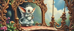 sacred geometry embroidered patterns, two totally symmetric fluffy angel robot gremlin slug nice cheerleader singing on ornate carved magical bridge in garden , full body portrait strong aura, oil painting and air brush, in swing net, strong wind
