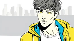 comic style, a young man, portrait, yellow color, thin, round eyes, Persian