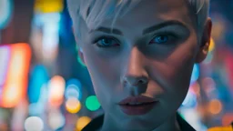 portrait of human android Anita, 25 years old female, short white hair, neat hairstyle tied back, white albino skin, shiny neon blue eyes, big eyes, very many freckles on her face, with a blue blure glowing tattoo on her neck: , nice, kind and friendly face, blur background with white-blue neon lights