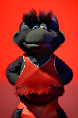 Waist up muppet Portrait, Kim Jong-un muppet doll, black suit, photo studio, red background, unreal engine 5, concept art, art station, ray tracing, lumen lighting, ultra detail, volumetric lighting, 3d.