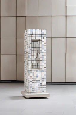 Minimalistic solid porcelain sculpture of vacant and empty street commercial walk-in kiosk on legs, circa 2000, covered with mosaic, in a contemporary urban art gallery context, 7 centimeters height, semi-height wide shop windows and door, small square window for cash in facade, flat roof, one-story, one-room. Inspired by Bruno Munari, Benetton, gestalt theory, geometry of Castel del Monte, metamodernism and purism.