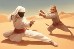 antropomorphic ninja cat fighting with a sheik in the desert in sunshine