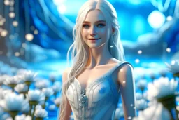 beautiful galactic goddess, full body, nice eyes, pure harmony, magnifiques cheveux blonds longs, regard lointain, doux sourire, soft blue, smile, galactic, magic, transcendent, divine, warm look, white flowers background, ultra sharp focus, ultra high definition, 8k, unreal engine background, colored lake, ultra sharp focus, ultra high