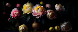 Vermeer style still life painting of pastel colored wild peonies with a dark background. Fill the canvas with 85% flowers 15% background. Flowers should have a variety of sizes and stages of bloom