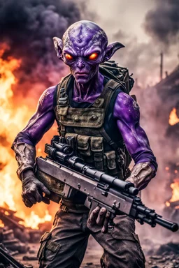 an epic 12k,ultra high definition , digital photo of a scary looking alien, purple colored alien, angy and rising from the ashes, a war veteran, army beret , captain rank, ripped and torn ammo clothing, chaotic fiery and dust background, dramatic close-up action shot of him behind the machine hand gun on the burned out war tanker,gothic and sinister