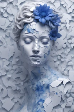 Stunning 3D woman sculpture with delft blue flower tattoos on white cracked marble face, broken glass effect, no background, mythical, energetic, molecular, intricate textures, iridescent and luminous scales, breathtaking beauty, pure perfection, divine presence, unforgettable, impressive, volumetric lighting, chiraroscuro, incredible depth, auras, vibrant colors, reflections