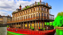 large wooden Victorian pleasure steamboat floating in the air above a city, balconies, verandas