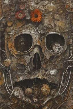 an abstract painting of rusted metal and flowers, by anselm kiefer and lucian freud, rust, scaffolding, iron cladding, decay, mixed media, textured, anatomically correct, beautiful perfect face, sharp focus, highly detailed