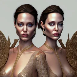 portrait of 2 Angelina Jolie as twin sisters, ultra-realistic, highly detailed, masterpiece, delicate detailed, sharp focus, insanely detailed, fantasy art, intricate detailed, elegant, fog, Special Lighting, Vibrant, color Scheme, unreal engine 5, trending on artstation