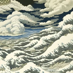 A white cloudy sky with tornadoes painted by Katsushika Hokusai