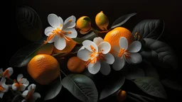 orange fruits and white neroli flowers,dark backround,12K