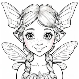 realistic FAIRY, adult, face view, cute, smile, beautiful, full view, realistic, coloring page, only draw lines, coloring book, clean line art, wildlife-inspired, kid style, –no sketch, color, –ar 3:4, white background, minimalistic black lines, 8k, minimal black color, low level black colors, coloring page, use pure black and white colors, avoid thick black colors, thin black line art, avoid colors, perfect shape, perfect clear lines, clear edges, white background,