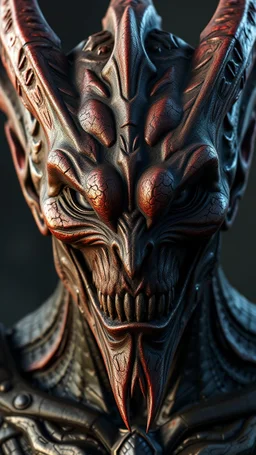a front view of the wishmaster face movie , his face skin is a rusted broken metallic skin texture in a 3d rendering full-height image of a grim and dark scene. Ensure the final images exhibit the utmost quality, encompassing 4K, 8K, and 64K resolutions, with 3D rendering that manifests in photorealistic, hyperrealistic, and highly detailed representations. Employ techniques such as HDR, UHD,