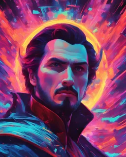 Close up shot of Dracula in a vibrant synthwave dreamscape, neon chaos swirling energetically around pixelated forms, a dynamic fusion of retro gaming nostalgia and futuristic abstraction