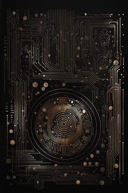 drawing art from fingerprint made of circuits, metallic lines and binaryc numbers . in background the black walls with abstract and geometric shapes symbols, circle, square , a unique dark fantasy style. The atmosphere surrealism and minimalism. splash art, The black drawing artwork with ink