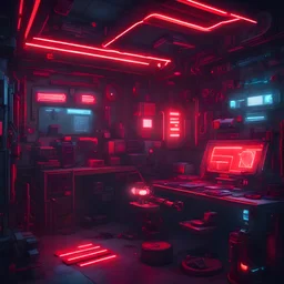 cyberpunk gun crafting station, red lights, sci-fi room