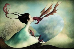 dragon and woman, soft rounded edges, gentle, serene, magical, pastel colours, dynamic lighting, a masterpiece, surreal, Catrin Welz Stein style in sunshine