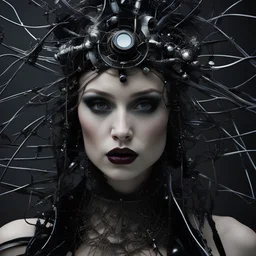 (portrait, woman, wires, metal, dark eyes, black makeup, mysterious, wire headpiece, captivating, thought-provoking, multifaceted personality, (dramatic lighting, intricate details, close-up)), fashion photography, Tim Walker, David LaChapelle, (futuristic, cyberpunk, (high quality, HDR, UHD, bokeh)) Negative prompt: ((bad quality, poorly drawn hands, poorly drawn face, out of focus))